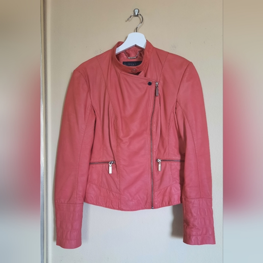 Bernardo Women's Pink Genuine Leather Moto Jacket Edgy Feminine Biker Capsule - Picture 5 of 9